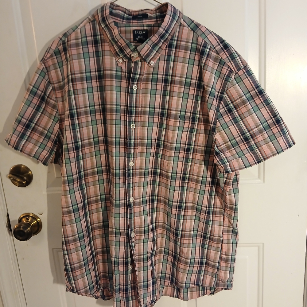 J. Crew Men’s Short Sleeve Plaid Button-Down - Pink and Green